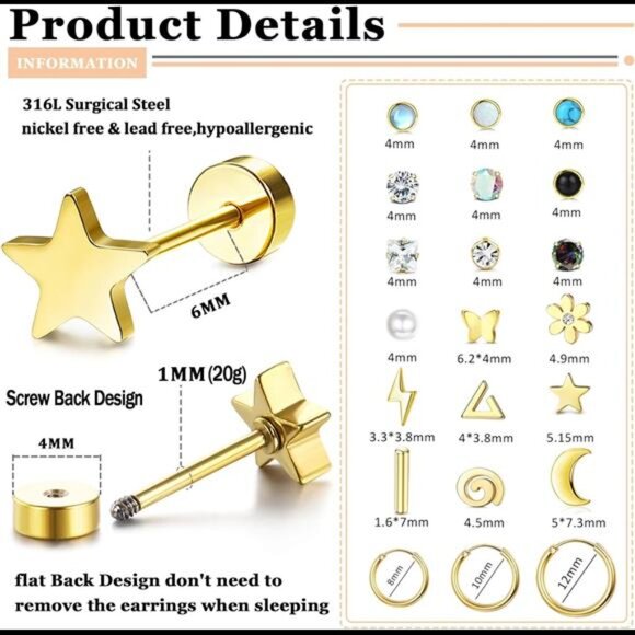 21Pairs Surgical Steel Flat Back Earrings Hypoallergenic 20G ScrewBack Nap Stack - Picture 5 of 7